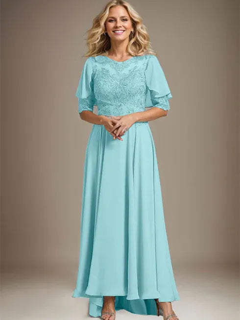 A-Line Scoop Neck Illusion Asymmetrical Chiffon and Lace Mother of the Bride Dress with Beading