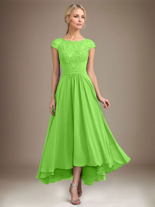 A-Line Scoop Neck Illusion Asymmetrical Lace Chiffon Mother of the Bride Dress with Pleats