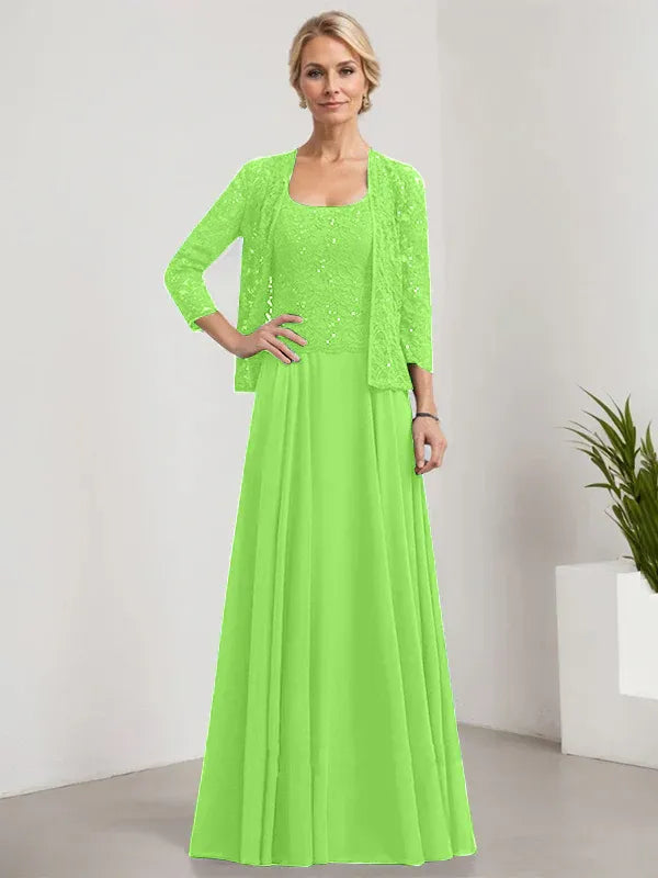 A-Line Square Neck Floor-Length Lace and Chiffon Mother of the Bride Dress with Sequins