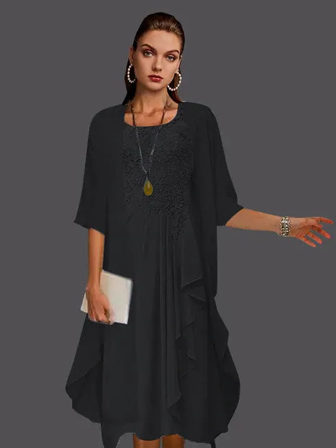 Two-Piece A-Line Chiffon Lace Sleeveless Jacket Dress with Pleats and Appliques