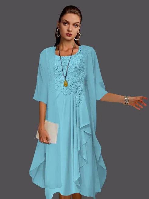 Two-Piece A-Line Chiffon Lace Sleeveless Jacket Dress with Pleats and Appliques