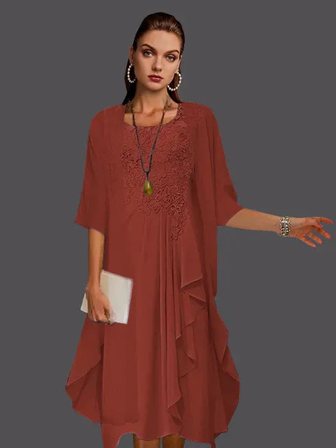Two-Piece A-Line Chiffon Lace Sleeveless Jacket Dress with Pleats and Appliques