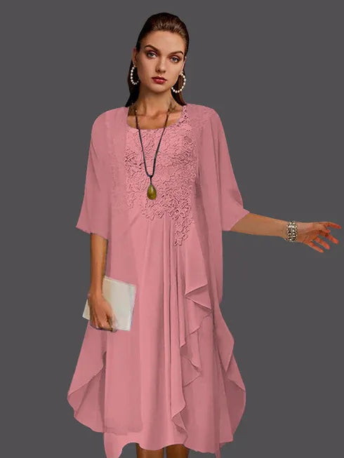 Two-Piece A-Line Chiffon Lace Sleeveless Jacket Dress with Pleats and Appliques