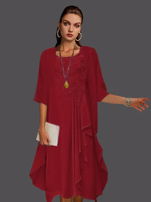 Two-Piece A-Line Chiffon Lace Sleeveless Jacket Dress with Pleats and Appliques