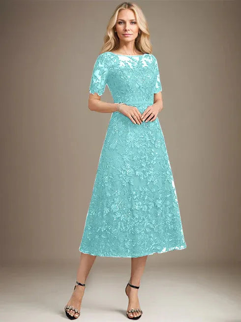 A-Line Scoop Neck Illusion Tea-Length Lace Mother of the Bride Dress with Sequins