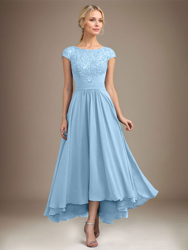 A-Line Scoop Neck Illusion Asymmetrical Lace Chiffon Mother of the Bride Dress with Pleats