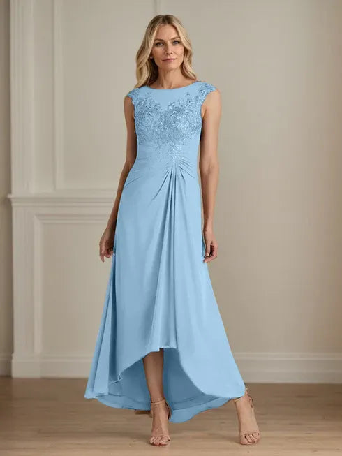 Champagne A-Line Lace and Chiffon Scoop Neck Dress