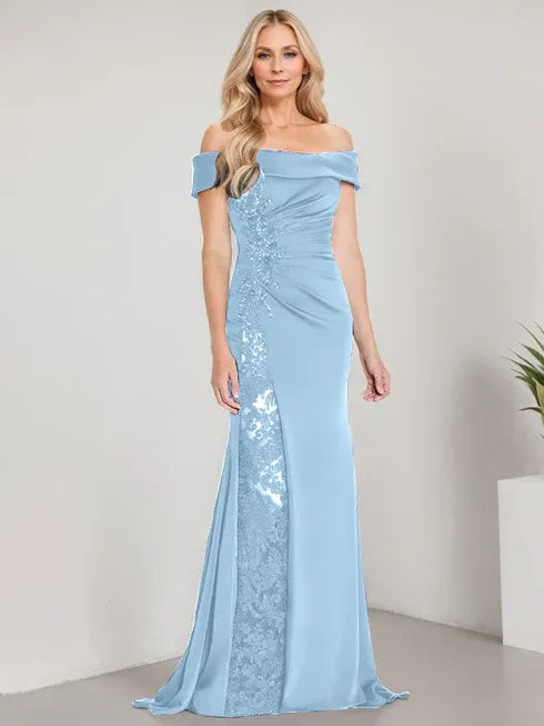 A-Line Off-the-Shoulder Floor-Length Mother of the Bride Dress with Appliqué Beadings and Mermaid Silhouette Featuring a High Split