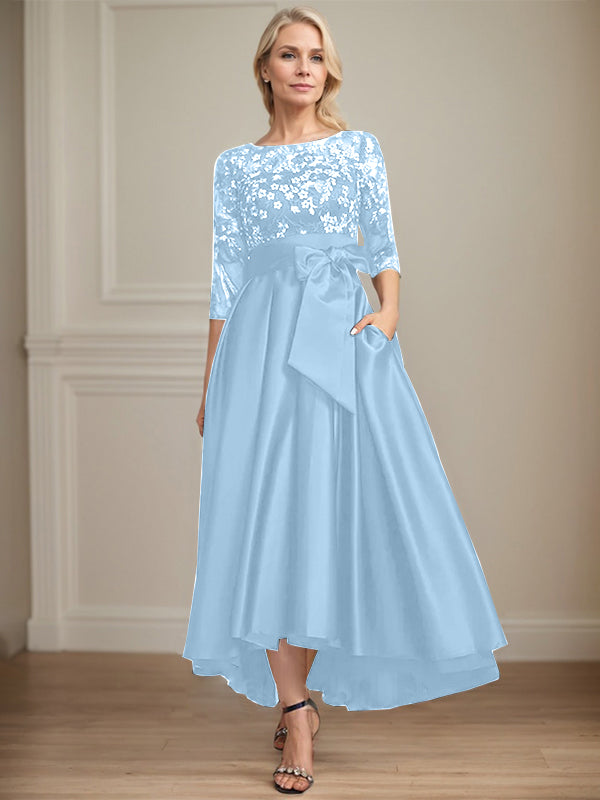 A-Line Scoop Neck Illusion Asymmetrical Satin Lace Mother of the Bride Dress with Bow