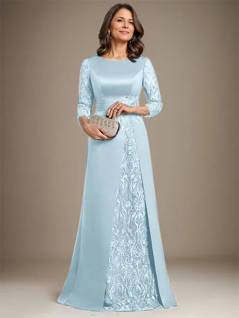 Floor-Length A-Line Lace Satin Mother of the Bride Dress with Scoop Neck and Applique