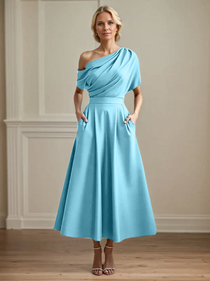 One-Shoulder Satin A-Line Pleated Ankle-Length Mother of the Bride Dress