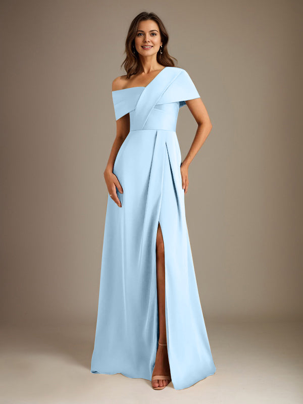 A-Line Satin Mother of the Bride Dress with Asymmetrical Neckline, Floor-Length, and Pleated Design