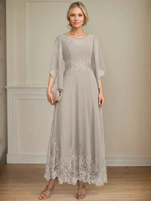 A-Line Scoop Neck Illusion Lace Chiffon Mother of the Bride Dress with Sequins and Ankle-Length Hem