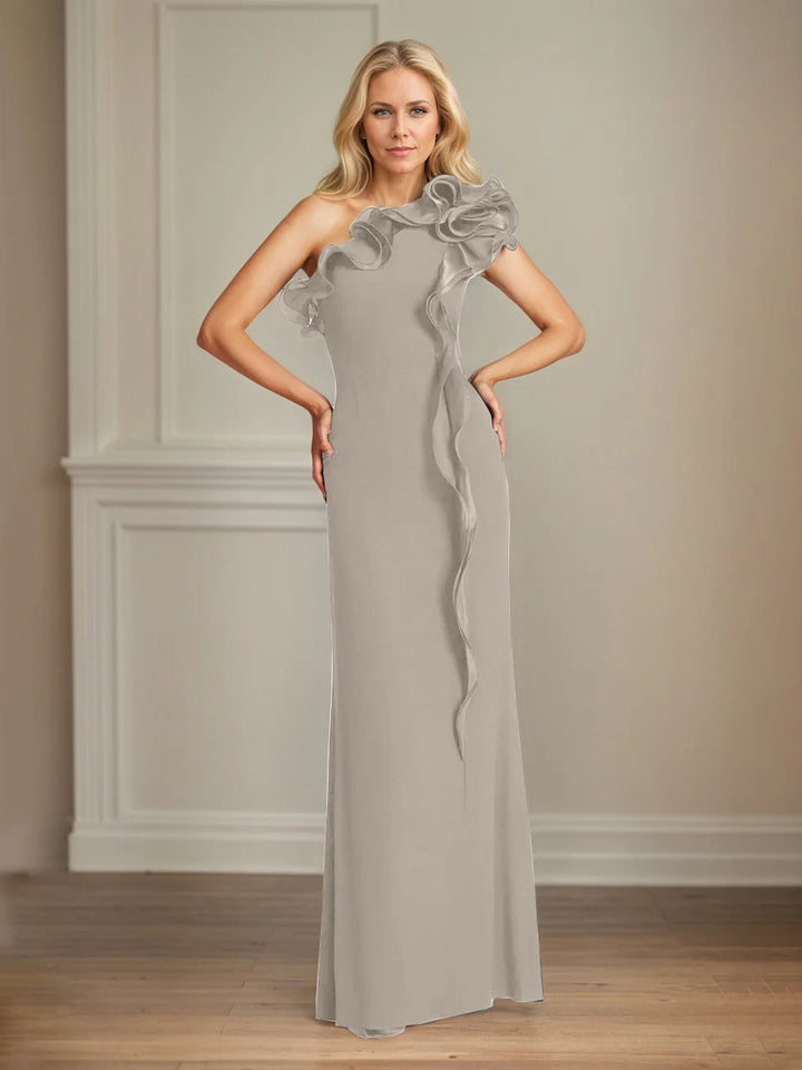 Navy Stretch Crepe One-Shoulder Sheath Dress with Ruffles – Floor-Length Mother of the Bride Gown