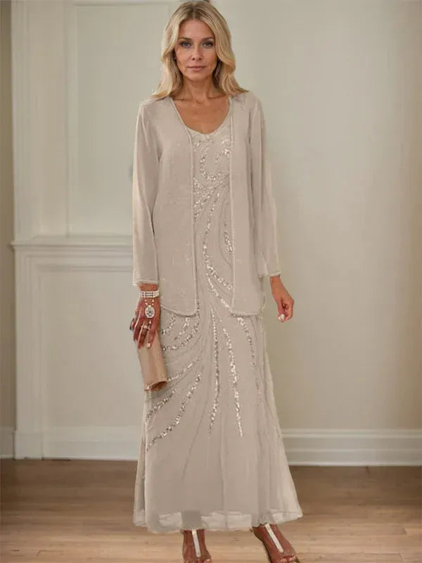 V-Neck Sheath/Mother of the Bride Ankle-Length Dress with Jacket & Sequins