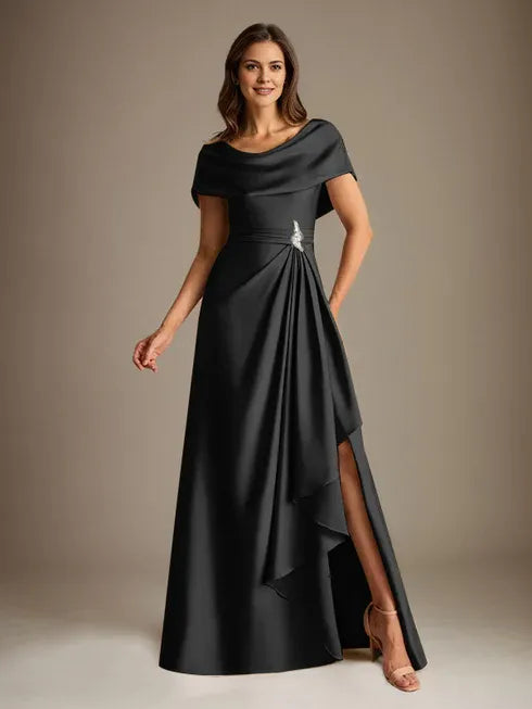 A-Line Scoop Neck Floor-Length Stretch Satin Mother of the Bride Dress with Cascading Ruffles