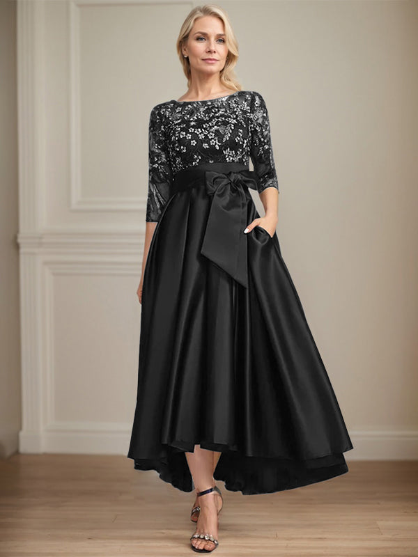 A-Line Scoop Neck Illusion Asymmetrical Satin Lace Mother of the Bride Dress with Bow