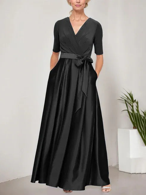 Surplice Neckline Ballgown with Full Satin Skirt and Jersey Bodice
