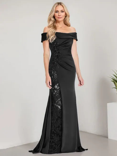 A-Line Off-the-Shoulder Floor-Length Mother of the Bride Dress with Appliqué Beadings and Mermaid Silhouette Featuring a High Split