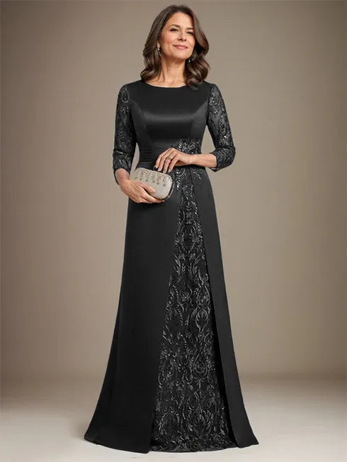 Floor-Length A-Line Lace Satin Mother of the Bride Dress with Scoop Neck and Applique