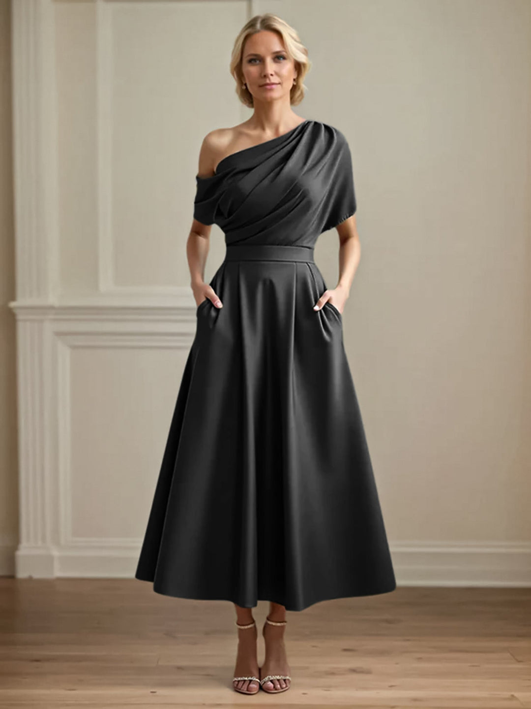One-Shoulder Satin A-Line Pleated Ankle-Length Mother of the Bride Dress