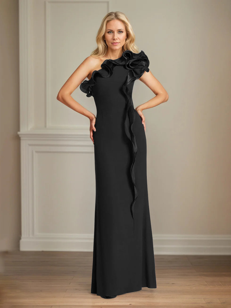 Navy Stretch Crepe One-Shoulder Sheath Dress with Ruffles – Floor-Length Mother of the Bride Gown