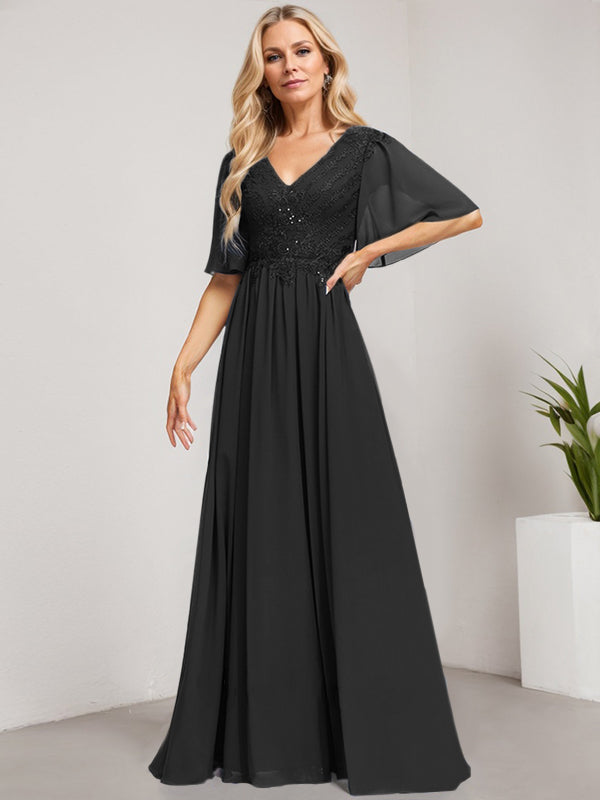 A-Line V-Neck Floor-Length Lace Chiffon Mother of the Bride Dress with Sequins