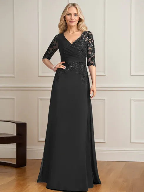 A-Line V-Neck Floor-Length Lace and Chiffon Mother of the Bride Dress with Pleated Sequins