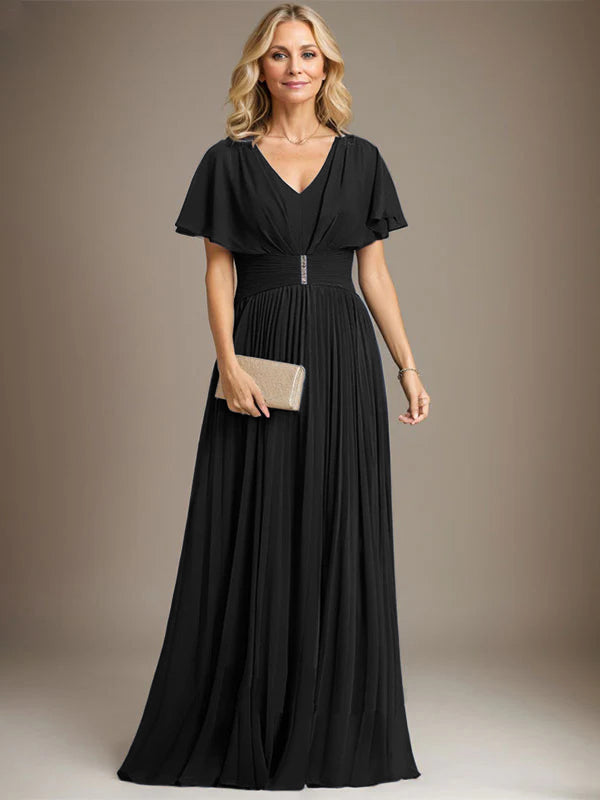 A-Line V-Neck Floor-Length Chiffon Mother of the Bride Dress with Crystal Brooch and Pleated Design