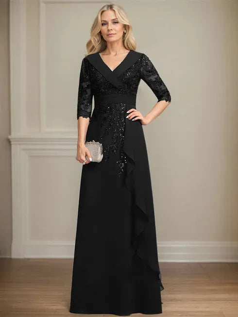 A-Line Collared V-Neck Floor-Length Lace Chiffon Mother of the Bride Dress with Sequins and Cascading Ruffles