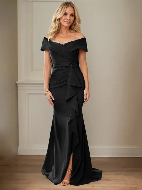 Floor-Length Lace and Chiffon Mother of the Bride Dress with Sheath/Column V-Neck Illusion and Pleated Sequins