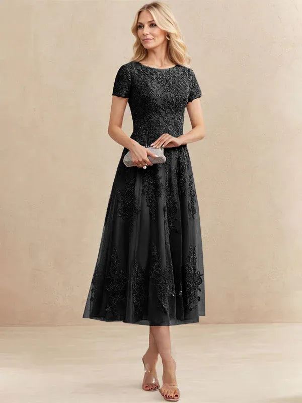 A-Line Scoop Neck Tea-Length Tulle Lace Mother of the Bride Dress