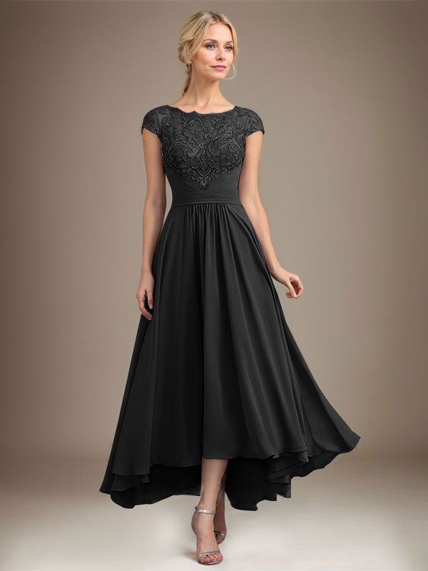 A-Line Scoop Neck Illusion Asymmetrical Lace Chiffon Mother of the Bride Dress with Pleats