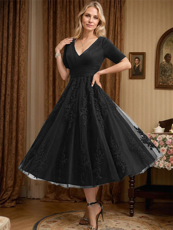 A-Line V-Neck Tea-Length Tulle Lace Mother of the Bride Dress with Pleats