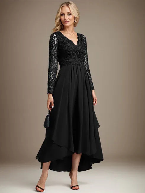 A-Line V-Neck Asymmetrical Lace Chiffon Mother of the Bride Dress