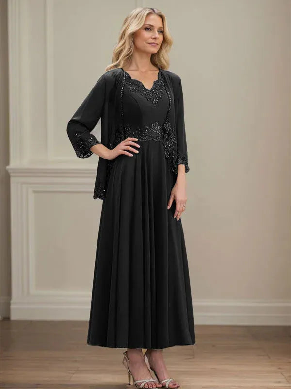 A-Line V-Neck Chiffon Mother of the Bride Dress with Sequins, Appliques, Lace, and Beading at Ankle Length