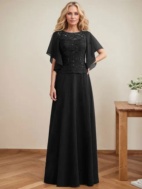 A-Line Scoop Neck Illusion Floor-Length Lace Chiffon Mother of the Bride Dress with Sequins
