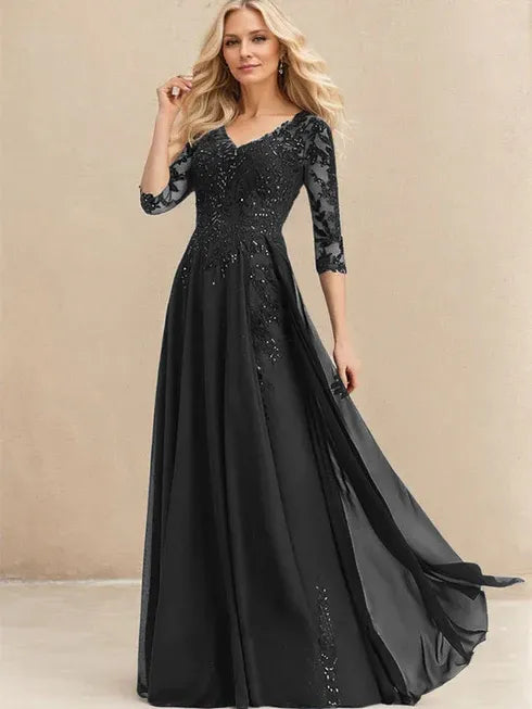 A-Line V-Neck Floor-Length Lace Chiffon Mother of the Bride Dress with Sequins