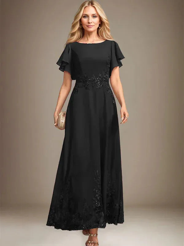A-Line Scoop Neck Ankle-Length Lace and Chiffon Mother of the Bride Dress with Sequins