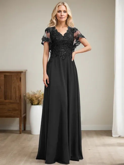 A-Line V-Neck Floor-Length Lace Chiffon Mother of the Bride Dress with Sequins