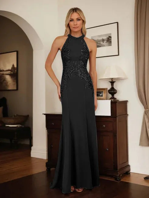 Dusty Blue Sheath Halter Mother of the Bride Dress with Appliqué Details