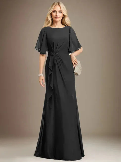 A-Line Scoop Floor-Length Chiffon Mother of the Bride Dress with Cascading Ruffles, Beading, and Sequins