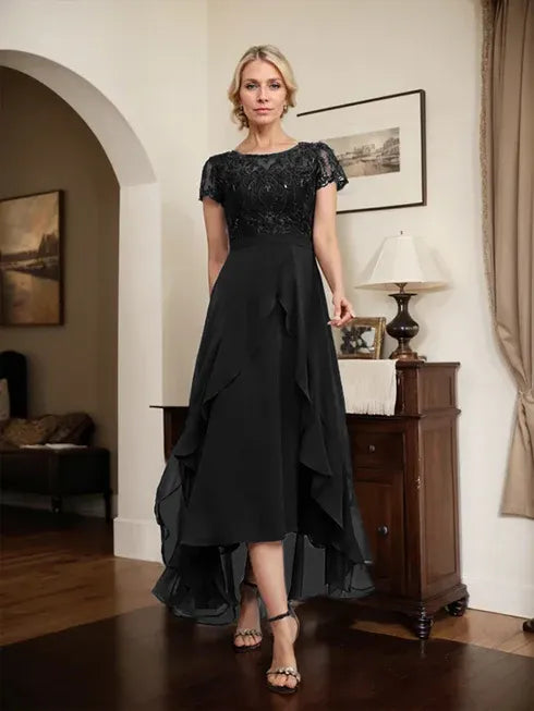 A-Line Scoop Neck Illusion Asymmetrical Chiffon Lace Mother of the Bride Dress with Bow, Ruffle, and Sequins