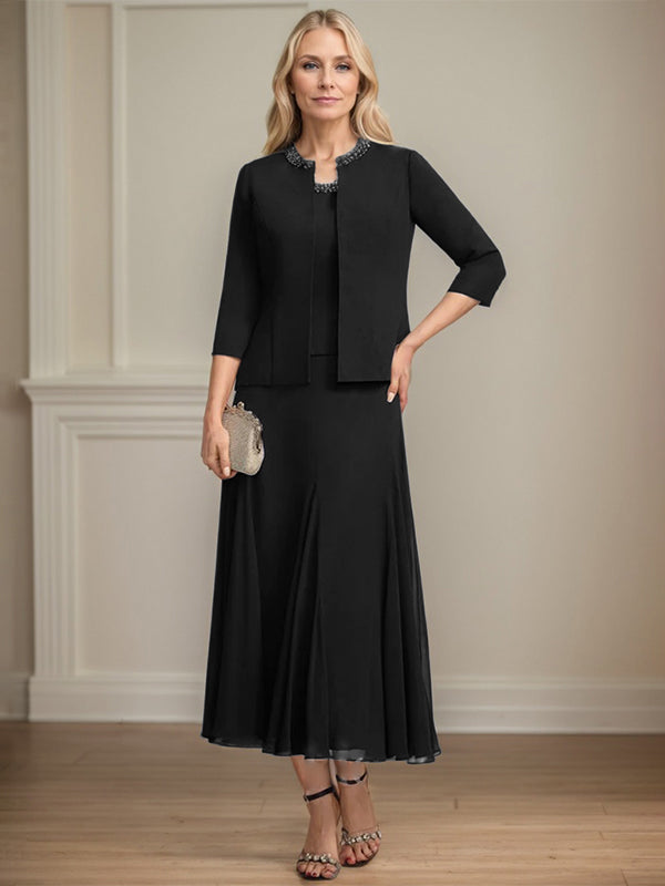 A-line Scoop Tea-Length Chiffon Mother of the Bride Dress with Sequins and Beading Separates