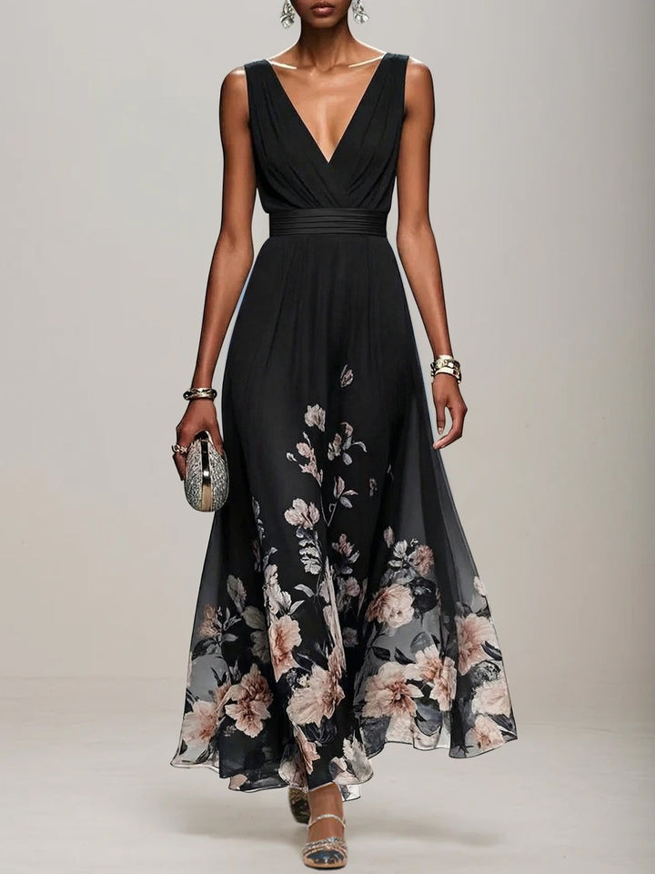 Light Blue Floral Chiffon V-Neck Sleeveless A-Line Maxi Dress