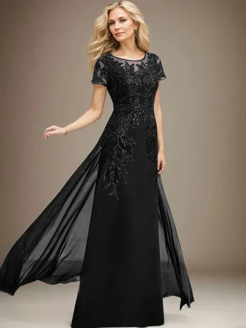 Floor-Length Lace Chiffon Mother of the Bride Dress with Sheath/Column Scoop Illusion and Sequins