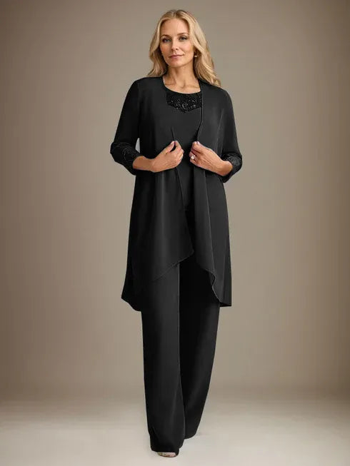 Chiffon Scoop Neck Long Sleeve Mother of the Bride Pantsuit with Jacket