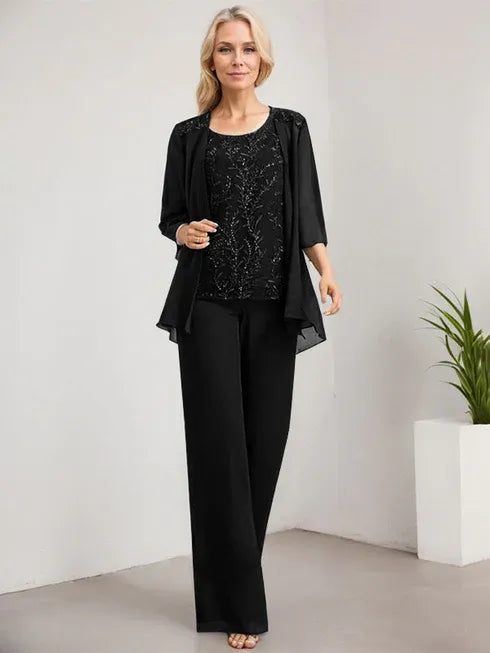 Floor-Length Lace Chiffon Mother of the Bride Jumpsuit/Pantsuit with Scoop Neck and Sequins