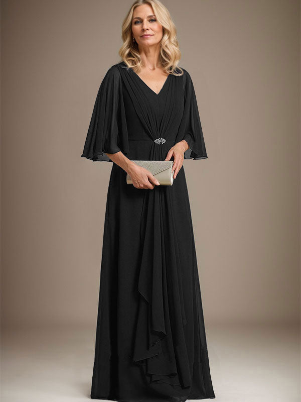 A-Line V-Neck Floor-Length Chiffon Mother of the Bride Dress with Cascading Ruffles and Crystal Brooch
