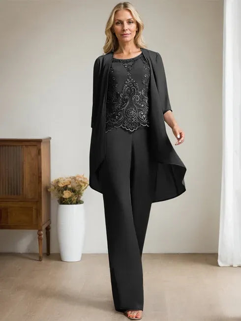 Floor-Length Chiffon Lace Mother of the Bride Jumpsuit/Pantsuit with Scoop Neck, Beading, and Sequins